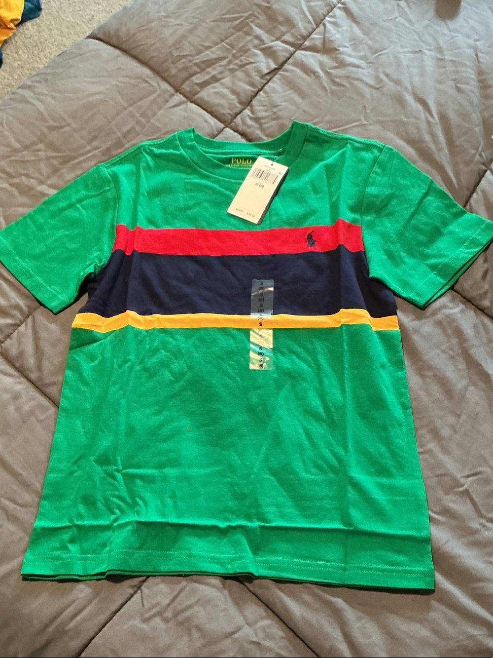 Polo by Ralph Lauren Green Short Sleeve Tee with Red, Navy & Yellow Stripes